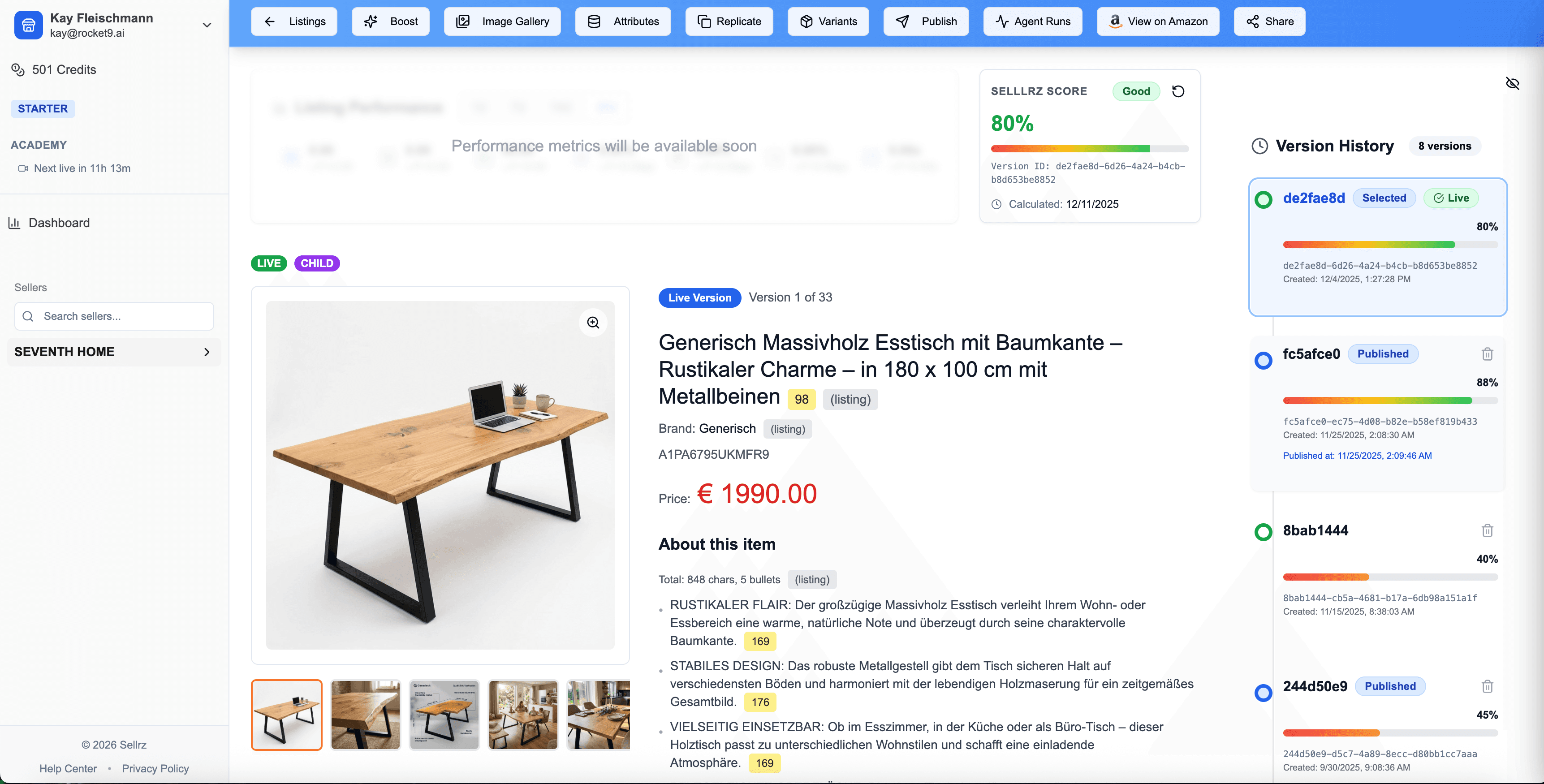 SELLRZ listing details with version history and score