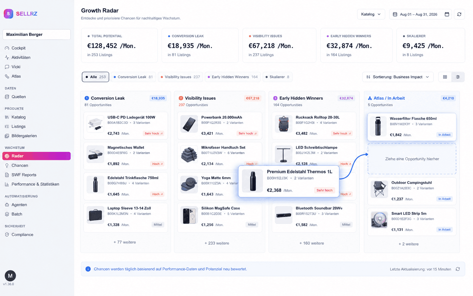 You connect your Amazon account and see your whole catalog sorted by impact — with the concrete action for every listing and the points it earns. You approve, then it goes live.